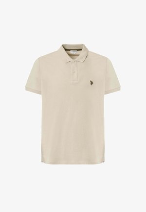 Polo beige in cotone, con colletto e maniche corte. Un piccolo logo ricamato è presente nella zona sinistra del petto.