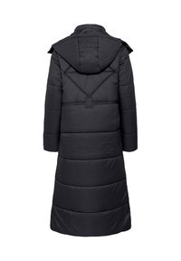 Melnā garā pūkainā mētelī ar kapuci, nodrošināta ar kvadrātveida šuvēm, aizmugurē ir vents un gluda, spīdīga tekstūra. Iekļauti regulējami piederumi.