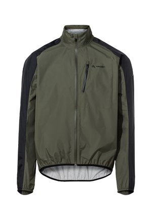 Leichte Radjacke in Olivgrün und Schwarz, mit hohem Kragen, elastischen Bündchen, Frontreißverschluss und einer Brusttasche. Texturiertem Material.