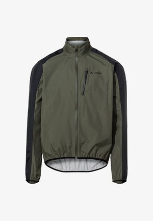 Leichte Radjacke in Olivgrün und Schwarz, mit hohem Kragen, elastischen Bündchen, Frontreißverschluss und einer Brusttasche. Texturiertem Material.