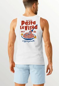 White sleeveless shirt featuring colorful graphic text "Pasta La Vista" with a fork and spaghetti design. Accompanied by light blue shorts.