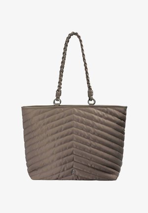 Taupe quilted tote bag with braided shoulder straps and small silver skull emblem at bottom center.