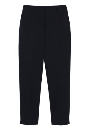Navy blue trousers made of a smooth fabric, featuring a straight cut, front pockets, and a waistband with belt loops.