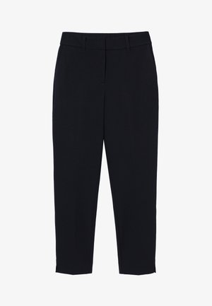 Marineblaue Hose aus glattem Stoff, mit geradem Schnitt, Vordertaschen und einem Bund mit Gürtelschlaufen.