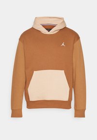 Sweat à capuche marron et beige avec une poche avant et un petit logo blanc Jumpman sur la poitrine, présenté sur un fond blanc uni.