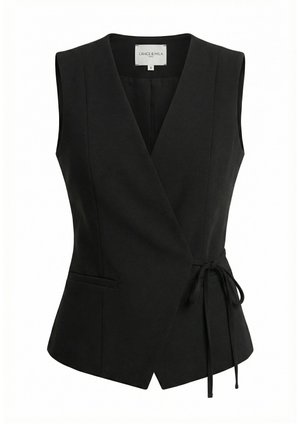 Gilet nero senza maniche con chiusura laterale a nodo e spacco sull'orlo anteriore, taglia piccola, etichettato Grace & Mila Paris.