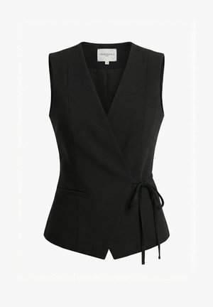 Gilet nero senza maniche con chiusura laterale a nodo e spacco sull'orlo anteriore, taglia piccola, etichettato Grace & Mila Paris.