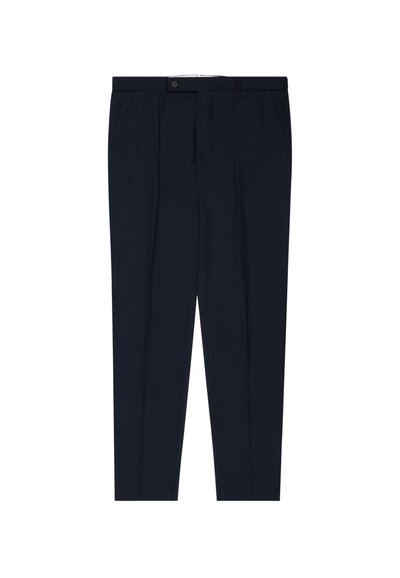 Navy trousers made of smooth fabric, featuring a flat front, two side pockets, and a single button closure at the waist.