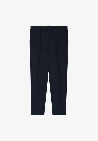 Navy trousers made of smooth fabric, featuring a flat front, two side pockets, and a single button closure at the waist.