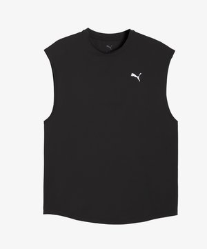 Maglietta nera senza maniche in tessuto liscio, con scollo rotondo e un piccolo logo Puma bianco sul petto.