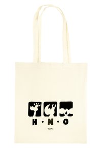 Borsa in tela, di colore crema con silhouette nere di animali e le lettere "H N O" stampate sul davanti; manici robusti per il trasporto.