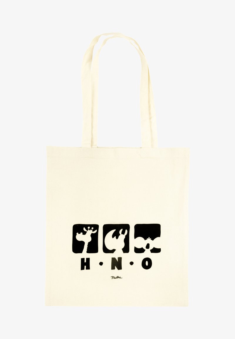 Canvas tote bag, cream color with black animal silhouettes and letters "H N O" printed on the front; sturdy handles for carrying.
