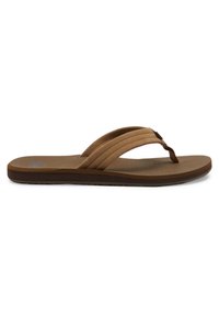 Brune flip-flop med tre teksturerte stropper, polstret såle og en lett hevet hæl. Har en jevn, matt finish og minimal design.