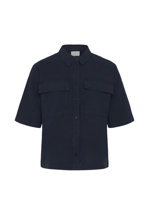 Marineblauw overhemd met korte mouwen, knoopsluiting, twee klepzakken aan de voorkant en een klassieke kraag.