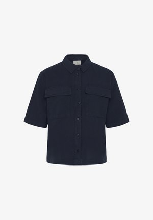Marineblauw overhemd met korte mouwen, knoopsluiting, twee klepzakken aan de voorkant en een klassieke kraag.