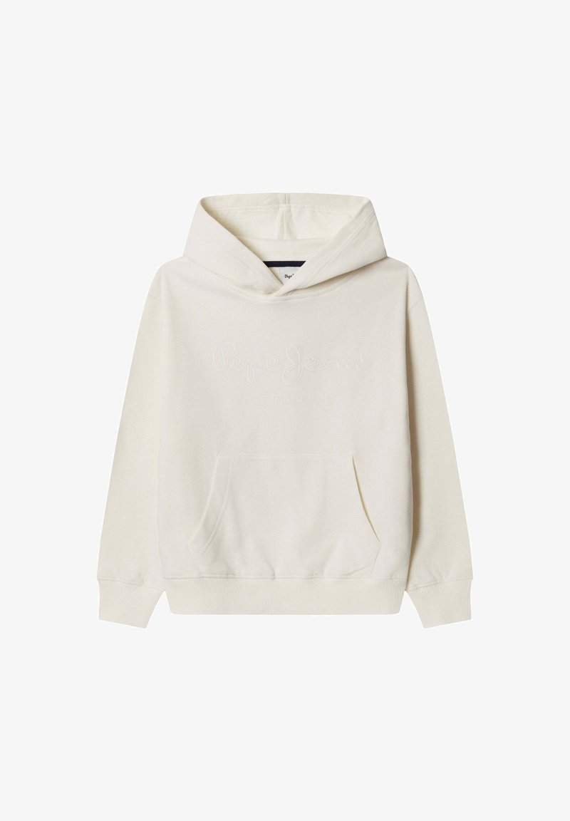 Sweat à capuche couleur crème en tissu doux, avec une poche kangourou à l'avant, un logo brodé, et des poignets et ourlet côtelés.