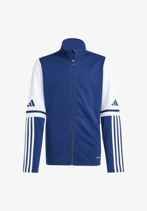 Blaue Jacke mit weißen Ärmeln, voller Reißverschluss, hoher Kragen. Mit drei weißen Streifen an jedem Ärmel und einem Adidas-Logo am linken Arm.