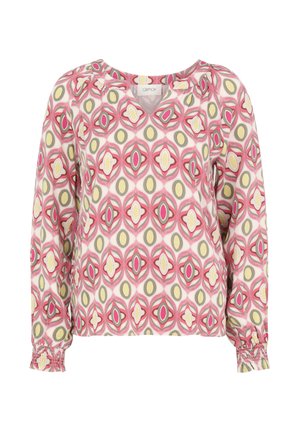 Langärmlige Bluse mit einem geometrischen Muster in Pink, Gelb und Grün. Sie hat einen runden Halsausschnitt und gepuffte Ärmelbündchen für zusätzliche Details.