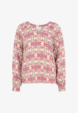 Bluzka z długim rękawem w różowo-żółto-zielony geometryczny wzór. Posiada okrągły dekolt i marszczone mankiety dla dodatkowego uroku.