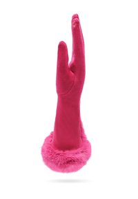 Guanto in suede rosa con un polsino di pelliccia morbida, mostrato in posizione verticale con il medio e l'anulare uniti su uno sfondo bianco.