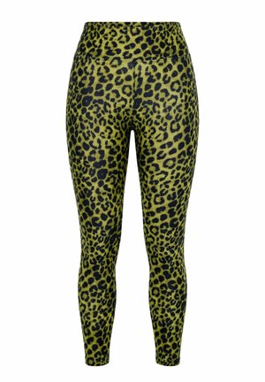 Leggings a vita alta e lunghezza completa con motivo maculato verde e nero, stile aderente, realizzati in tessuto elastico.