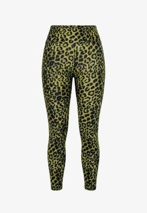 Leggings de talle alto y largo completo con estampado de leopardo en verde y negro, estilo ajustado, fabricados con tela elástica.