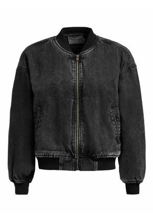 Jachetă bomber din denim negru spălat, cu guler, manșete și tiv din material rib, fermoar frontal și buzunare laterale.