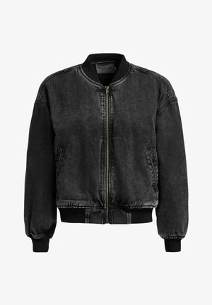 Jachetă bomber din denim negru spălat, cu guler, manșete și tiv din material rib, fermoar frontal și buzunare laterale.