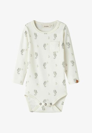 Body per neonati a maniche lunghe color crema con motivo di cavallucci marini e bolle, dotato di una piccola tasca sul petto e chiusure a scatto sul fondo.