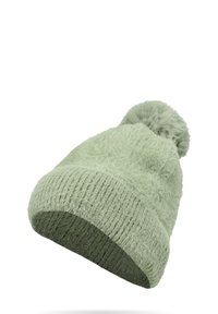 Berretto lavorato a maglia verde chiaro con un pompon in finto pelliccia sulla parte superiore, superficie testurizzata e bordo a coste nella parte inferiore. Materiale morbido e accogliente.