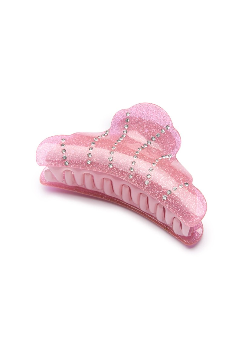 Fermaglio per capelli rosa glitterato con un design a scallop, impreziosito da piccole pietre luccicanti e con una presa testurizzata all'interno.