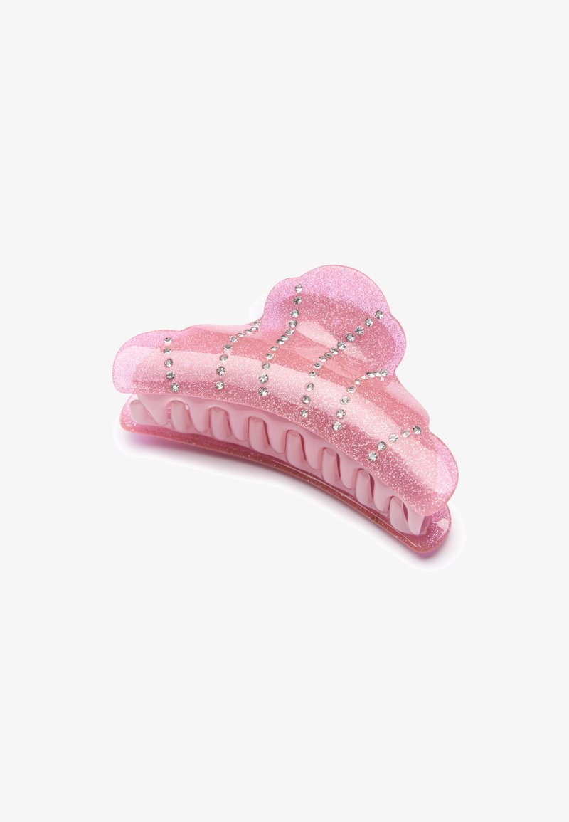 Fermaglio per capelli rosa glitterato con un design a scallop, impreziosito da piccole pietre luccicanti e con una presa testurizzata all'interno.