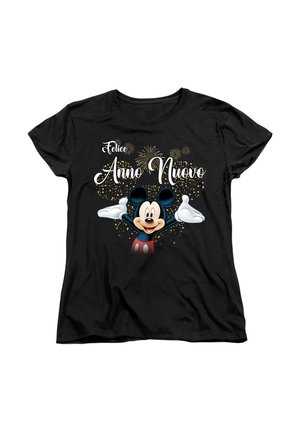 Black t-shirt featuring a graphic of a cartoon mouse with outstretched arms, surrounded by text and confetti in white and gold.