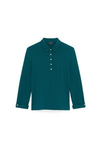 Teal pitkähihaine polo paita, jossa on terävä kaulus, viisi etupainiketta ja nappi hihansuissa, koko pieni, tuotemerkki etiketti kauluksessa.