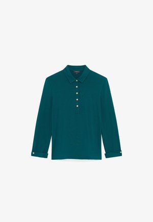 Türkisfarbenes Langarm-Polohemd mit spitzem Kragen, fünf vorderen Knöpfen und Knopfmanschetten, Größe S, Markenlabel im Kragen.