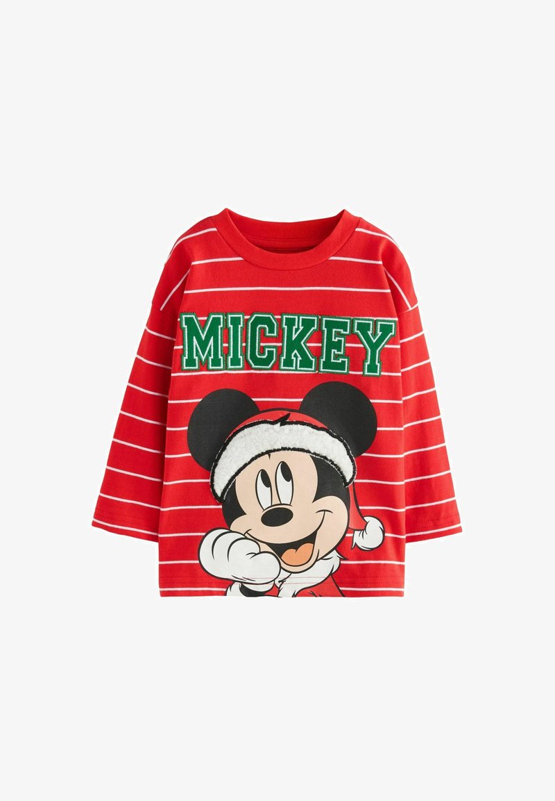 Camiseta roja de manga larga con rayas blancas, que presenta un gran gráfico de Mickey Mouse llevando un sombrero de Santa y el texto "MICKEY" en verde.