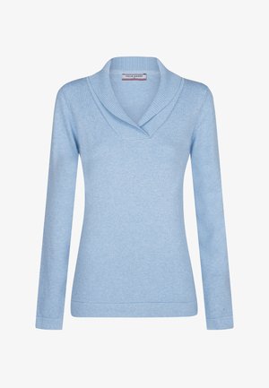 Maglione azzurro chiaro con collo a scialle a coste e maniche lunghe. Realizzato in materiale morbido con una texture liscia; dettagli minimi.
