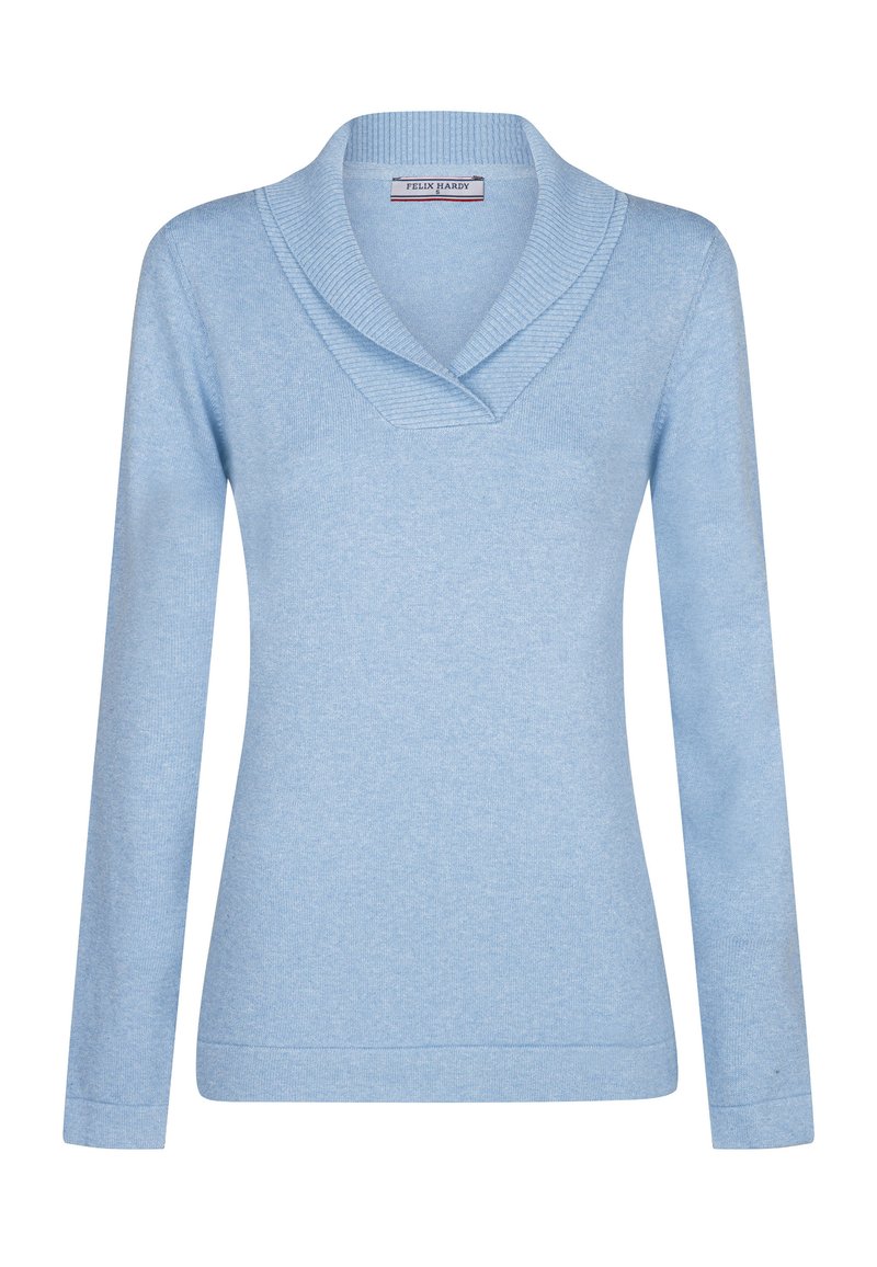 Maglione azzurro chiaro con collo a scialle a coste e maniche lunghe. Realizzato in materiale morbido con una texture liscia; dettagli minimi.