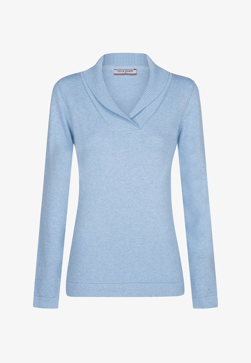 Maglione azzurro chiaro con collo a scialle a coste e maniche lunghe. Realizzato in materiale morbido con una texture liscia; dettagli minimi.