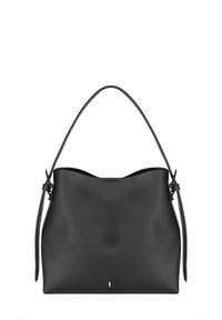 Czarna skórzana torebka o miękkim, strukturalnym kształcie, szerokim otwarciu i jednym pasku na ramię. Posiada mały złoty detal z logo na dole.