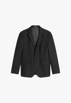 Schwarzer Wollblazer mit einem einreihigen Design, zwei Vorderaschen, Reverskragen und einer subtilen gesprenkelten Struktur. Futter im Innenraum.