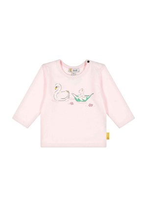Hellrosa Baby-Langarmshirt mit Schwan und Bär, die auf einem Blatt sitzen, verziert mit kleinen rosa Blumen.