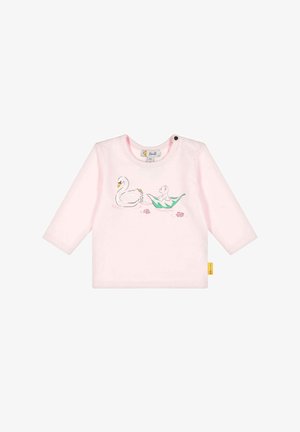 Camiseta de bebé de manga larga de color rosa claro con cisne y oso sentados en una hoja, decorada con pequeñas flores rosas.