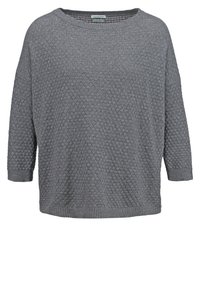 Pull en tricot gris avec un motif texturé, encolure large et manches trois-quarts. Tissu doux avec une coupe ample et décontractée.