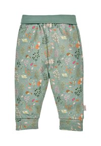 Grüne Baumwollhosen mit einem mehrfarbigen Naturdruck, der Tiere und Laub zeigt. Elastischer Bund und geraffte Bündchen an den Knöcheln.