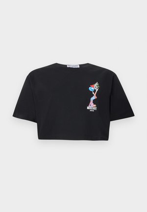 Zwart cropped T-shirt met een kleine afbeelding van een vrouw die een vredesteken, een hart en de aarde vasthoudt, met de tekst "Moschino Jeans" eronder.
