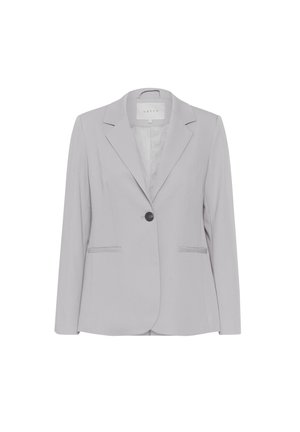 Light gray fitted blazer with a single button closure, notched lapels, and two front pockets. Smooth texture, structured design.