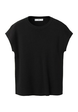 Haut noir à manches courtes, coupe ample en tricot avec un col rond et une petite étiquette en tissu à l'intérieur du col.