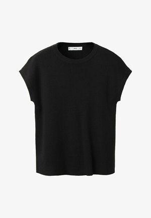 Haut noir à manches courtes, coupe ample en tricot avec un col rond et une petite étiquette en tissu à l'intérieur du col.