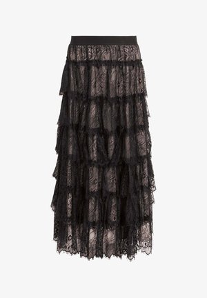 Falda de encaje negra en capas con una cintura elástica, que presenta múltiples capas de tela texturizada y patrones florales en todo su diseño.